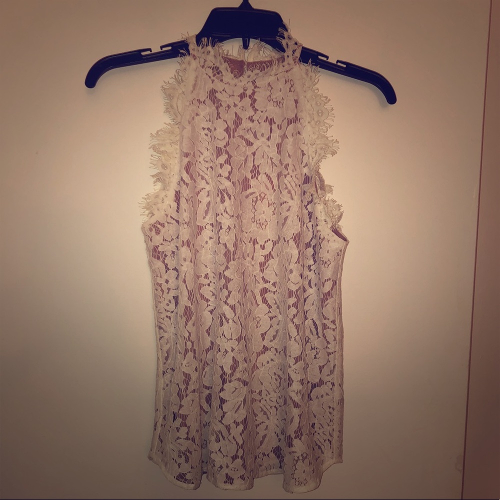 Beautiful Tan top with white lace overlay